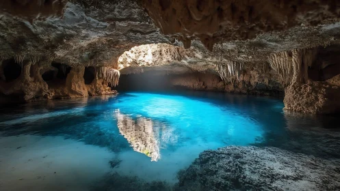 Sunlit underground pool illuminates rugged limestone cave
