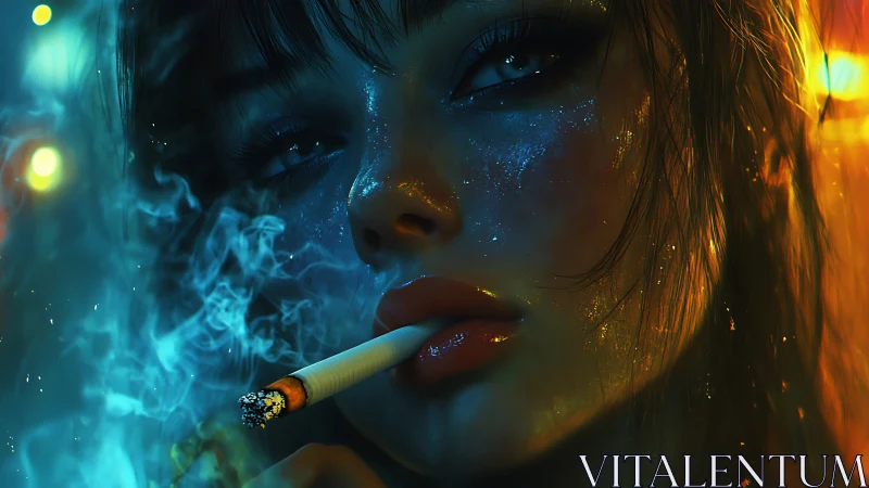 Neon smoke siren gazes through glittered midnight haze.