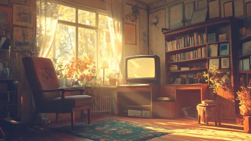 Sunlit vintage study with retro television and bookshelves.