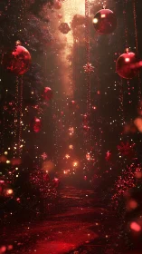 Shimmering red holiday forest glows with warm floating lights