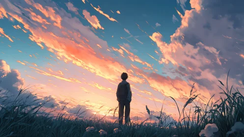 Soft sunset sky welcomes a quiet traveler in tall grass