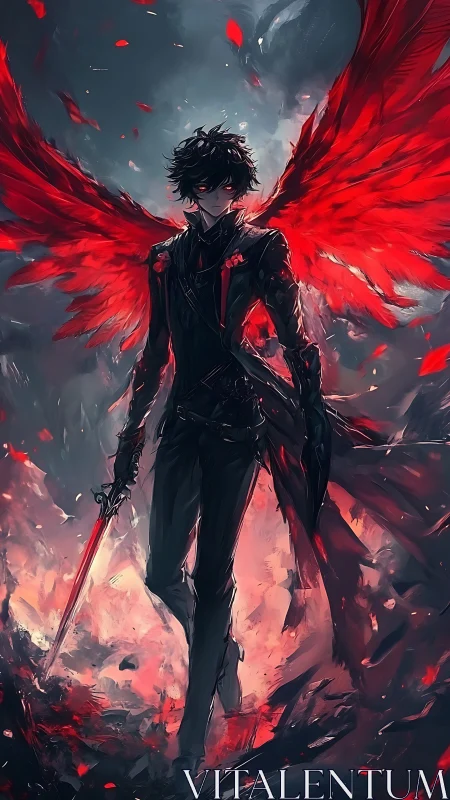 Winged dark swordsman strides through infernal red storm