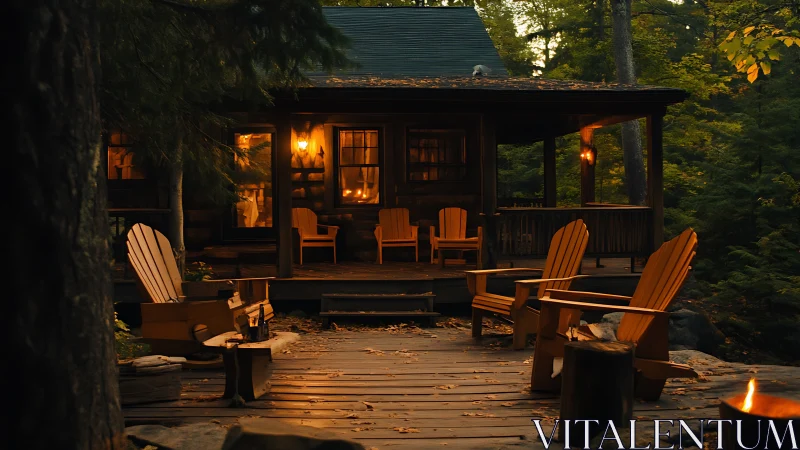 Cozy forest cabin porch glows with warm evening firelight.