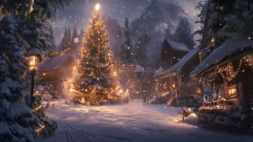 Snow-covered village square with illuminated holiday tree.