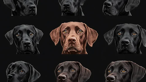 Chocolate labrador centered among black lab portraits on black