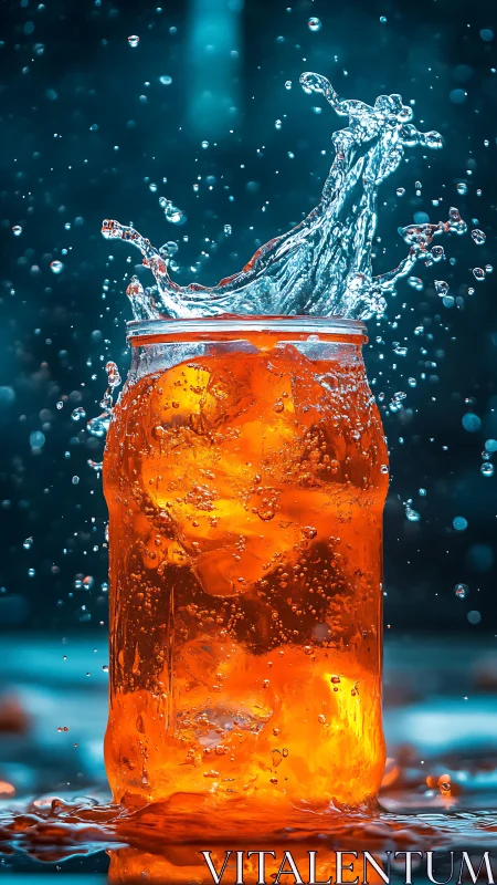 Orange drink in glass jar captured mid splash motion