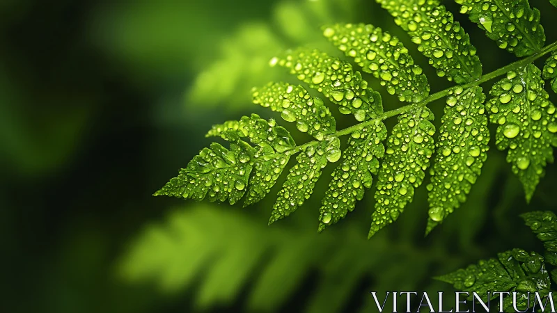 Green fern leaf covered in fresh water droplets after rain.