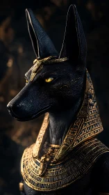 Jackal-headed Egyptian deity bust with ornate gold collar.