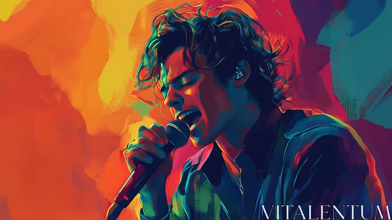 Neon storm vocalist caught mid‑note in molten color blaze.