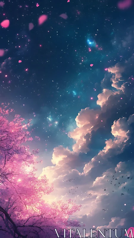 Cherry blossoms drift beneath a dreamy starlit sky