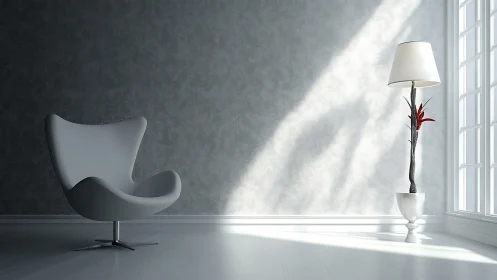 Modern interior with gray chair, floor lamp, and window light.