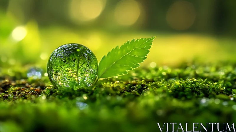 Glass sphere and leaf resting on vivid green moss bed.