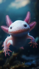 Curious axolotl drifts through dreamy blue underwater light
