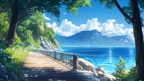 Lakeside wooden path curves under trees beside bright mountains