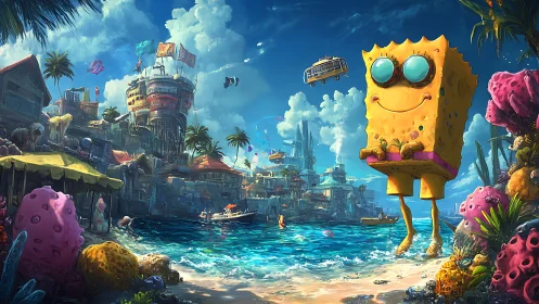 Sunny sponge giant greeting a colorful tropical harbor.