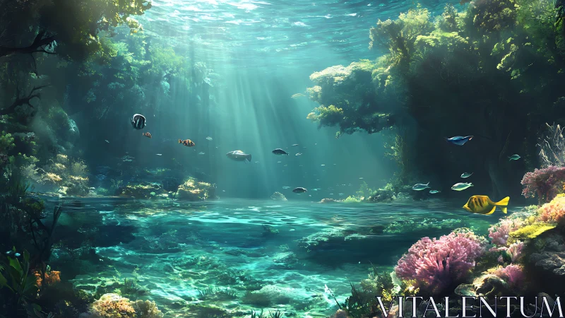 Underwater reef landscape with tropical fish and light beams.
