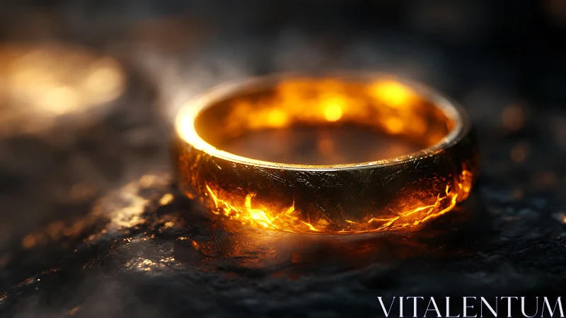 Luminous Golden Ring with Radiant Flame Illumination and Metallic Surface Detail