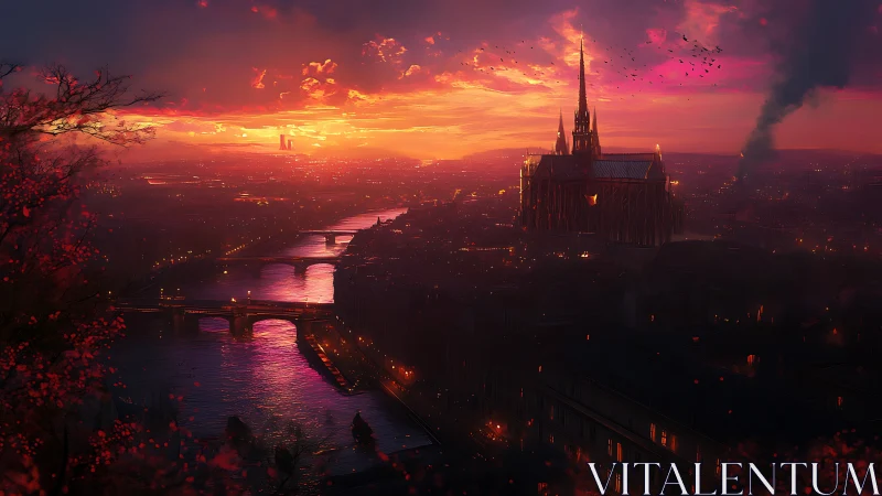 Gothic riverside cathedral under luminous crimson sunset sky.