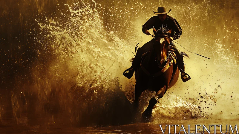 Cowboy rider cutting through golden backlit water spray.