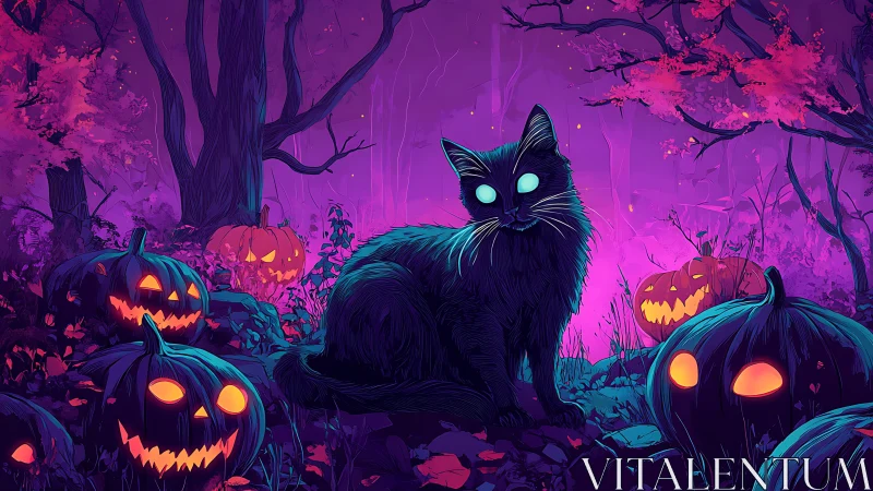 Luminescent Feline Herald Amid Glowing Pumpkin Patch.