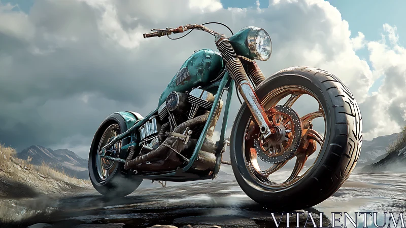 Custom teal chopper stands bold against stormy mountain sky.