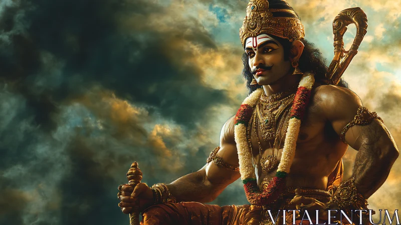 Mythic warrior deity under stormlit dramatic sky poised
