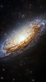 Spiral galaxy glows with dense star fields and dust lanes.