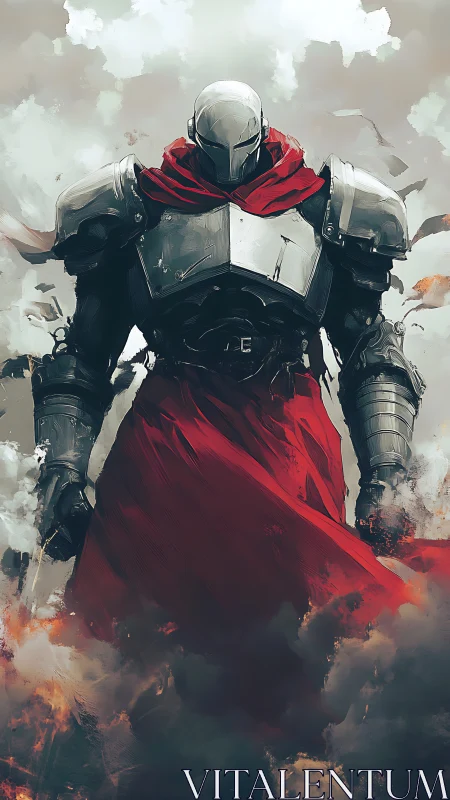 Armored knight in red cloak emerging from smoky battlefield.