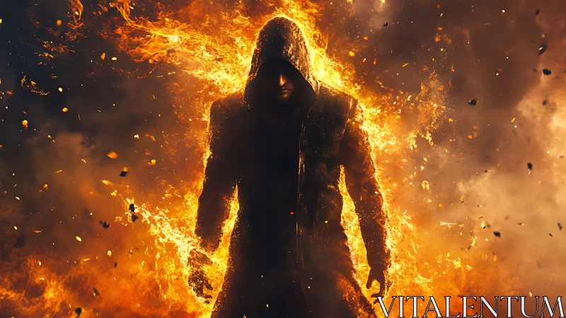 Hooded figure emerges from incendiary blast in cinematic flames