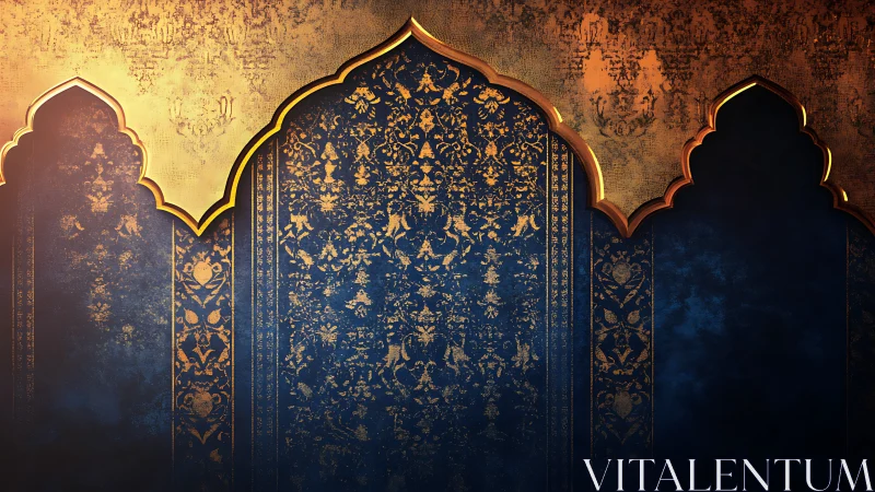 Gold and blue panel with pointed arches and ornamental pattern