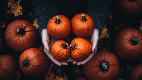 Hands gently cradle small pumpkins amid autumn harvest.