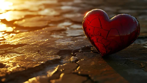 Cracked Red Heart Against Golden Cracked Ground.