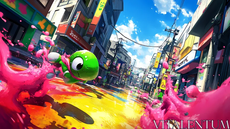 Bubble-limbed lizard surfs neon paint rivers downtown.