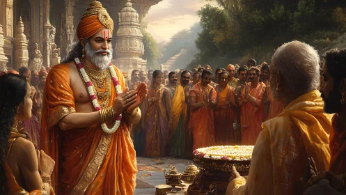 Digital painting of Hindu temple ceremony with robed priestly leader.