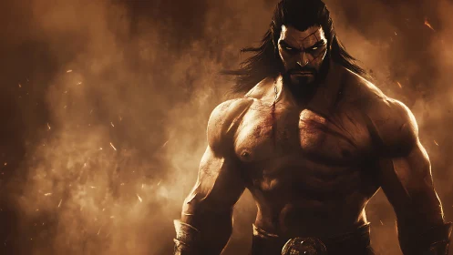 Battle-scarred warrior stands amid burning storm of embers