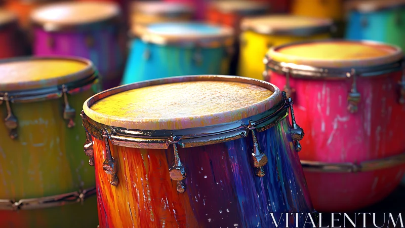 Vibrant conga drum ensemble in saturated 3D render focus.