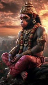 Divine simian warrior in meditative sunset profile pose.