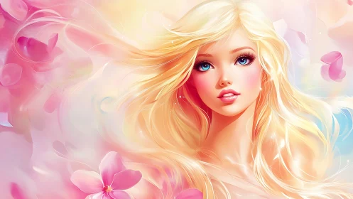 Softly glowing blonde girl smiles in a dreamy pastel breeze