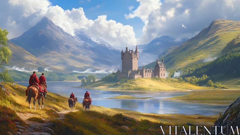 Medieval riders approach sunlit highland castle by lake