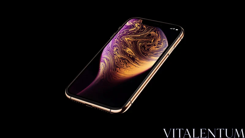 Gold smartphone displaying abstract purple and gold liquid wallpaper design
