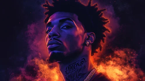 Digital portrait of male figure with neon lighting effects.