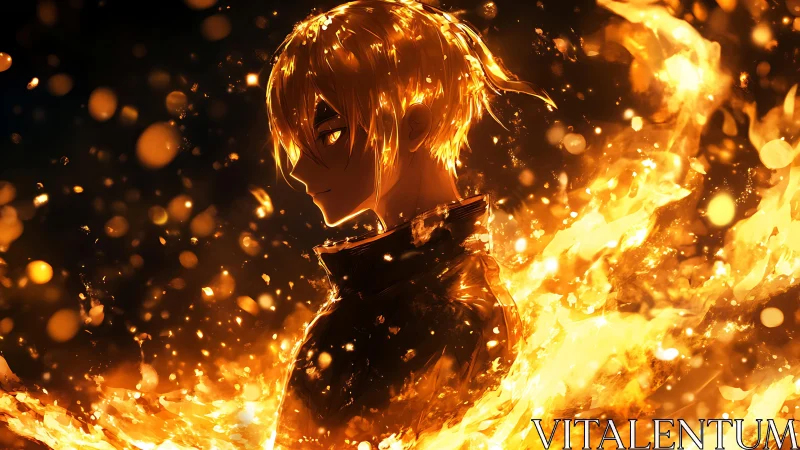 Luminous fire wielder standing calm in swirling golden flames.