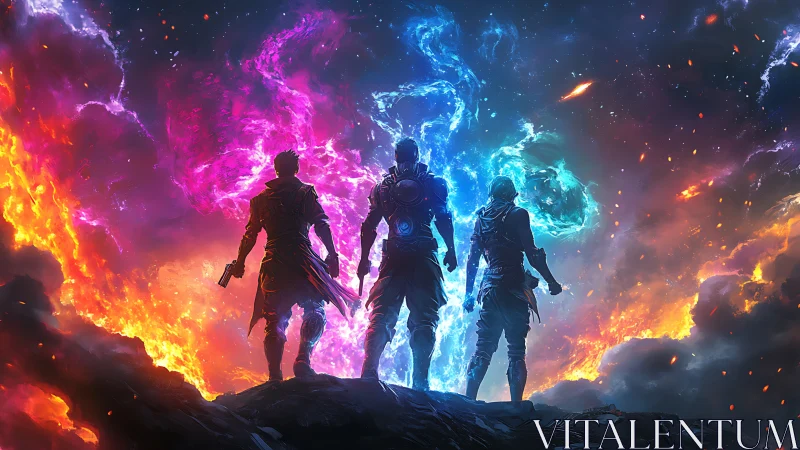 Cosmic trio in chromatic elemental nebulae, digital painting.