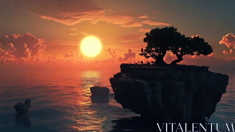 Solitary Tree Glowing in Golden Sunset Over Water.