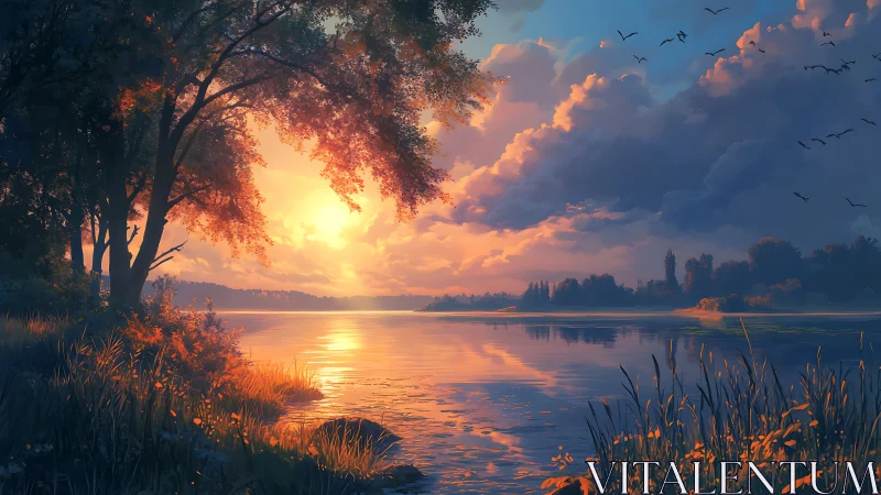 Sunset lake landscape with glowing clouds and trees.