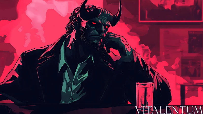 Horned humanoid in neon-lit bar rendered with high-contrast shading