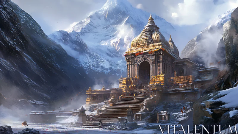 Golden mountain temple complex in snowy high valley.