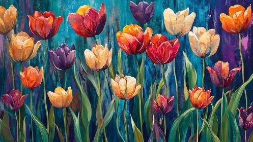 Vibrant tulip field in expressive impasto brushwork painting.