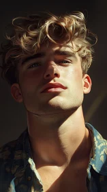 Golden hour male portrait with dramatic upward perspective.