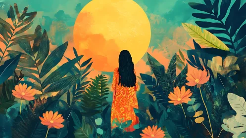 Digital painting of woman in tropical foliage at sunset.